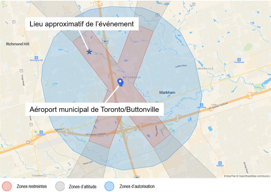 Exemple de carte du système GEO de DJI pour l’aéroport de Buttonville indiquant les zones de restrictions