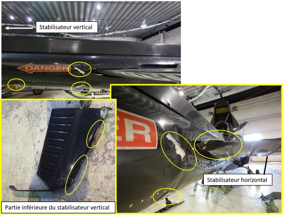 Photos illustrant les dommages à la poutre de queue et aux stabilisateurs horizontal et vertical (Source : BST)