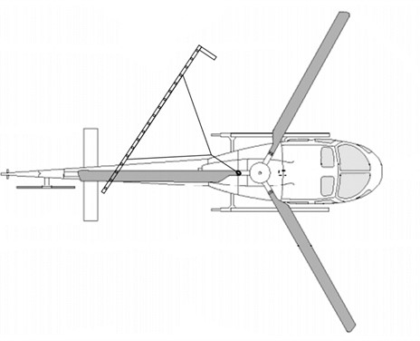 Schéma représentant une vue de haut de l’hélicoptère, avec la plate forme transportée dans une position formant un angle avec l’axe longitudinal (pas à l’échelle) (Source : BST)
