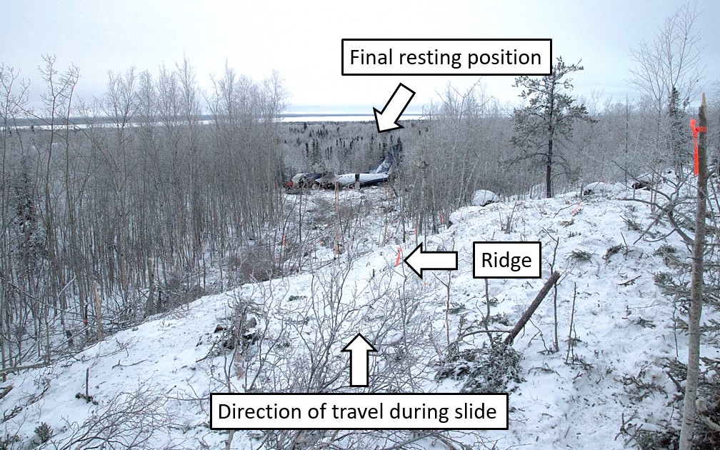 Photo showing the path of the aircraft’s slide over the ridge (Source: TSB)
