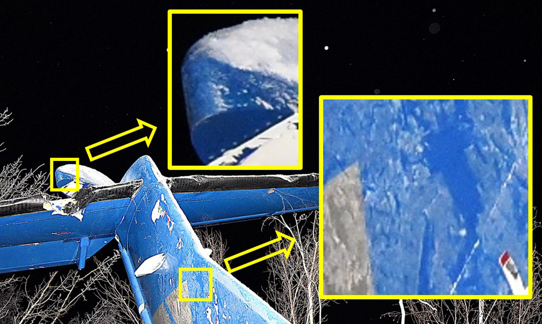 Photo of vertical stabilizer, with 2 inset images showing ice contamination on the leading edge of rudder horn and the right side of the stabilizer (Source: Royal Canadian Mounted Police, with TSB annotations)