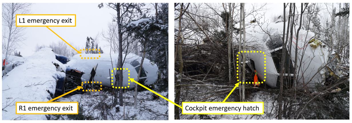 Orientation and access to emergency exits L1 and R1 (left image) and the cockpit emergency hatch (right and left images) (Source: Royal Canadian Mounted Police, with TSB annotations)