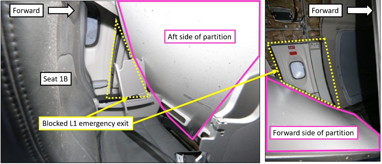 Photos of the L1 emergency exit (dashed line) blocked by displaced partition (solid line) (Source: TSB)