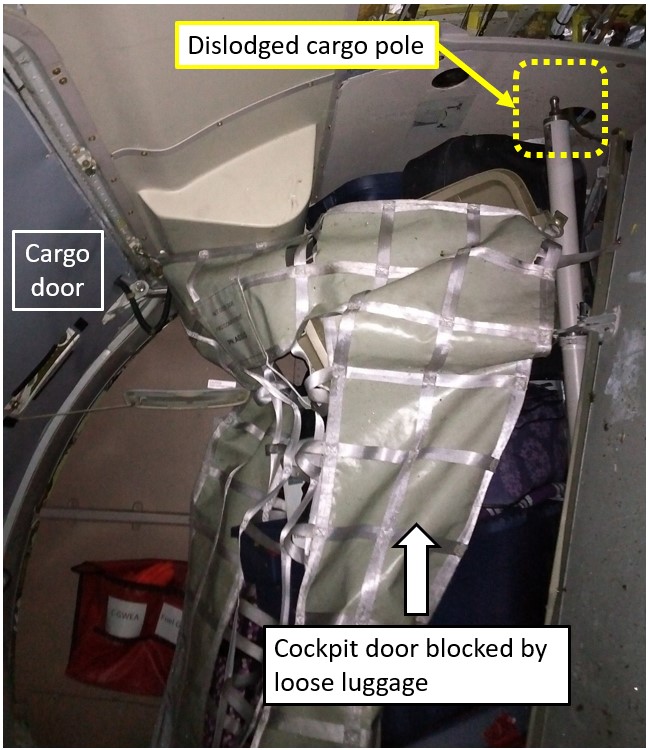 Main cockpit door blocked by loose luggage as a result of dislodged cargo pole (Source: TSB)