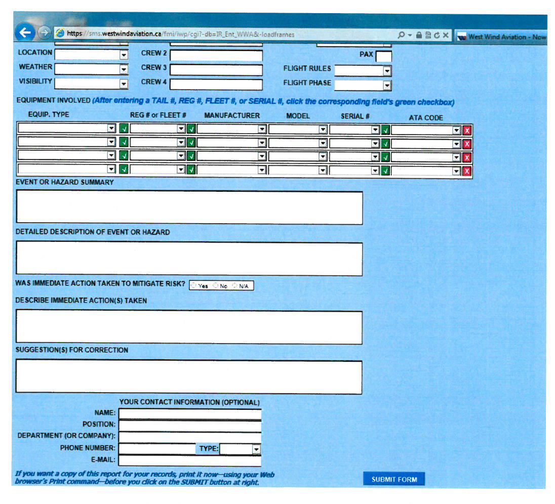 West Wind safety management system reporting form