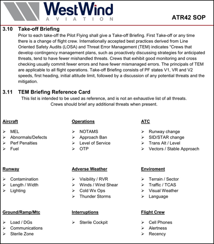 West Wind threat and error management briefing  reference card