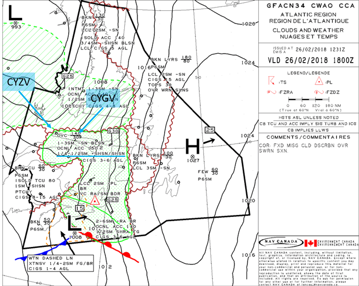 Clouds and Weather chart for the graphic area forecast issued at 1800 UTC on 26 February 2018