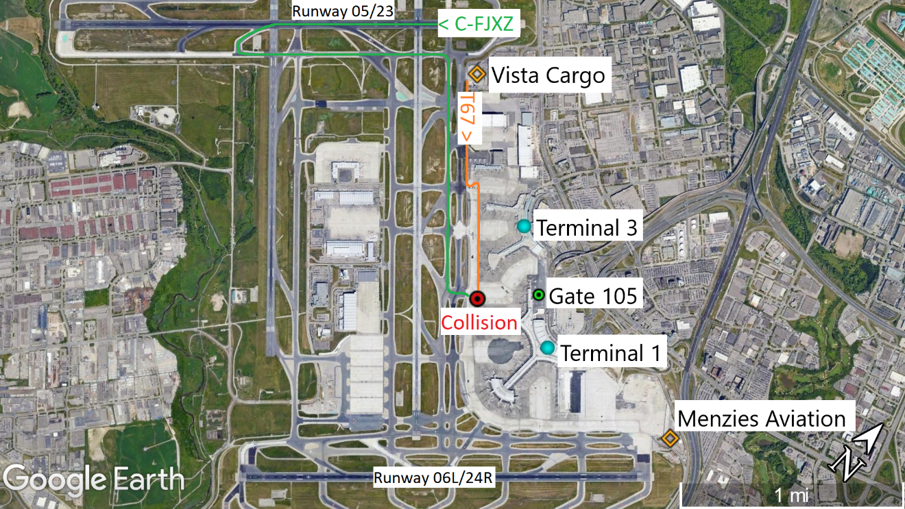Overview of the airport showing the occurrence aircraft’s taxi route (C-FJXZ, green line) and the fuel tanker’s route (T67, orange line) (Source: Google Earth, with TSB annotations)