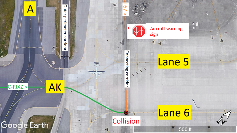 Overhead view of collision site (Source: Google Earth, with TSB annotations)