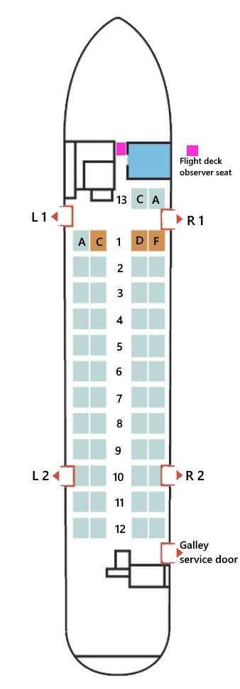The occurrence aircraft’s seat map (Source: Jazz Aviation LP,  with TSB annotations)