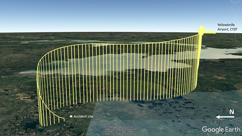 Flight path on the terrain awareness and warning system, looking east (Source: Google Earth, with TSB annotations)