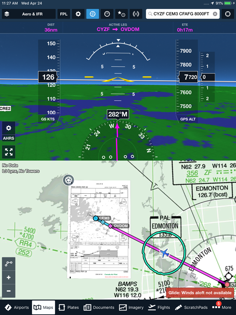 ForeFlight Mobile application screen. The light blue square icon at the top of the display is the selection to activate the synthetic vision screen. (Source: Air Tindi Ltd.)