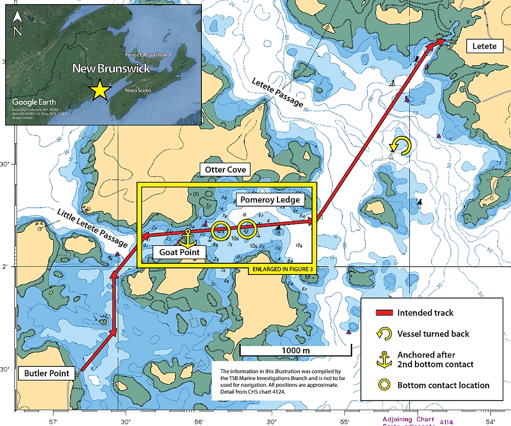 Nautical chart showing the <em>Deer  Island Princess II</em>’s intended track and the location of the bottom  contacts. The inset image shows the general location of the occurrence. The  fourth leg of the voyage (outlined) is enlarged in Figure 3 (Source of  main image: Canadian Hydrographic Service, Chart 4124: Letete Passage,  Letang Harbour and/et Blacks Harbour, with TSB annotations; source of inset  image: Google Earth, with TSB annotations)