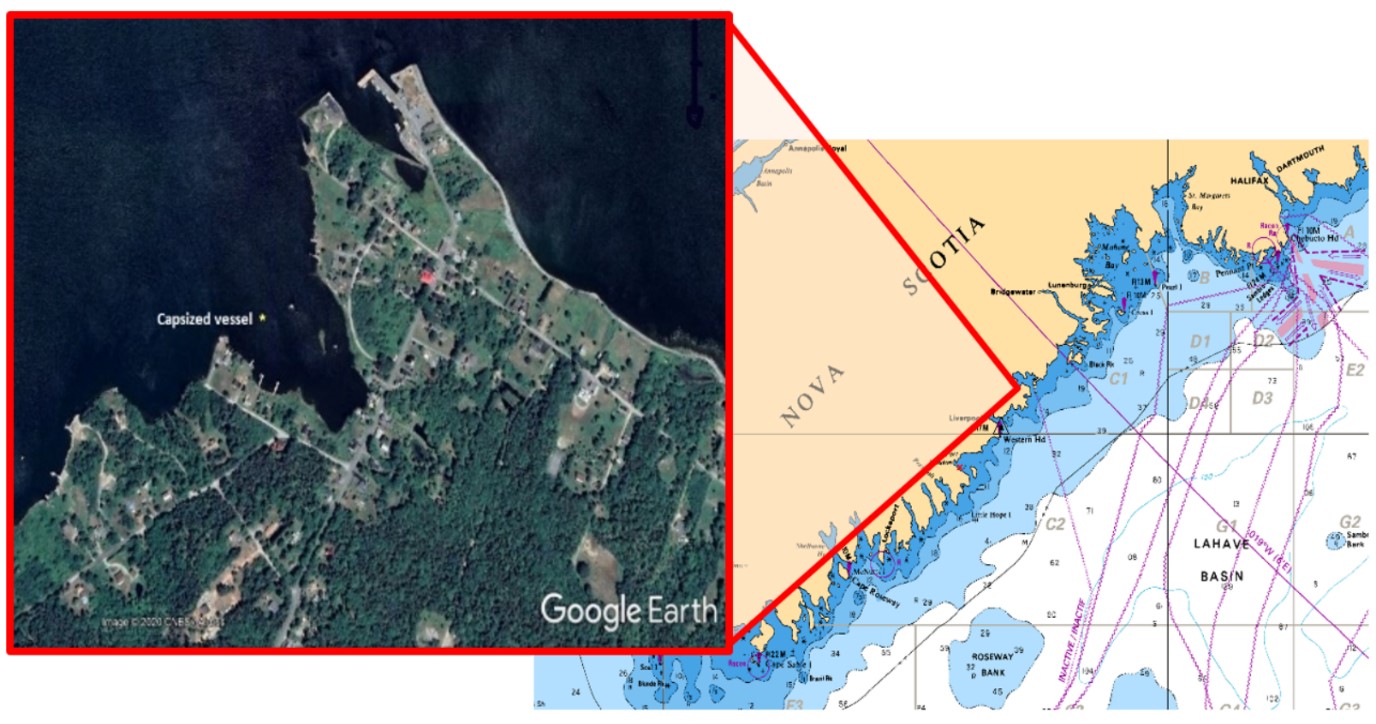 Chart of the occurrence area, with inset image showing the location of the capsizing (Source of main image: Canadian Hydrographic Service, Chart 4003. Source of inset image: Google Earth, with TSB annotations)