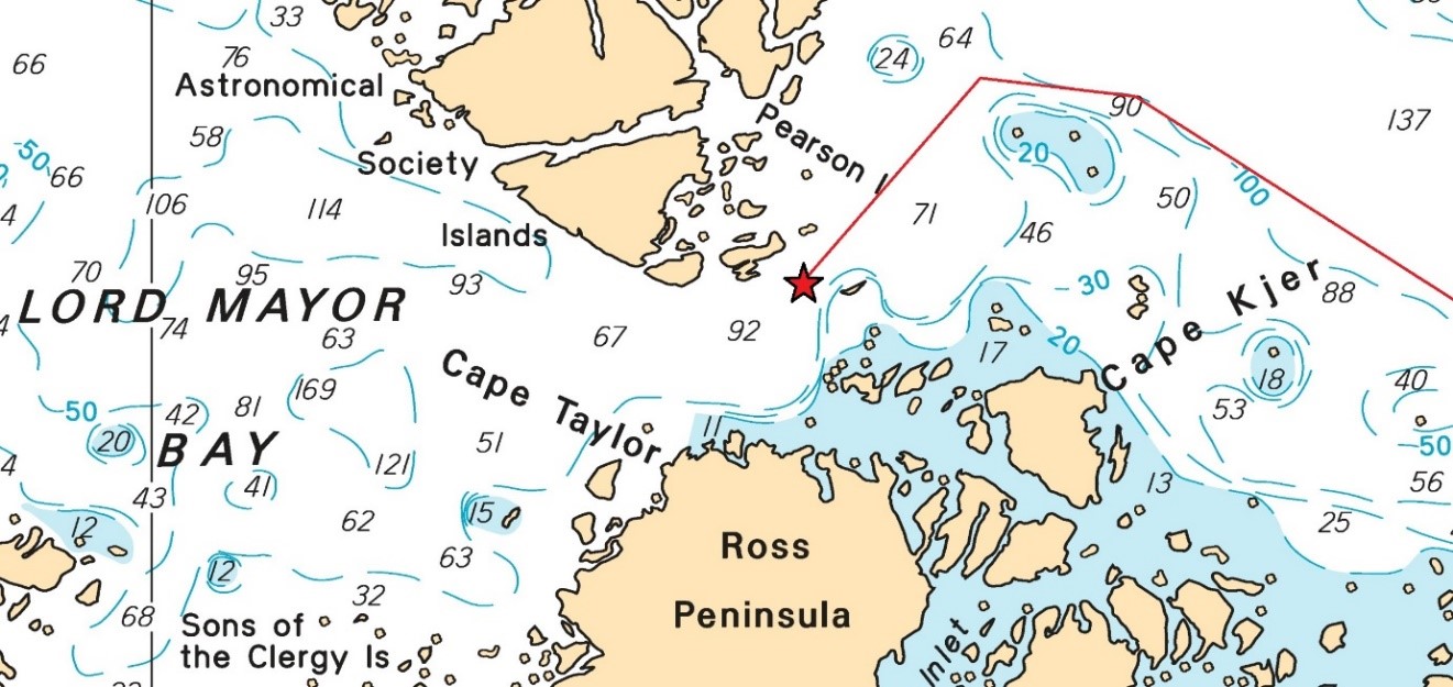 Track and position of grounding of the Akademik Ioffe (Source: Canadian Hydrographic Service, with TSB annotations)