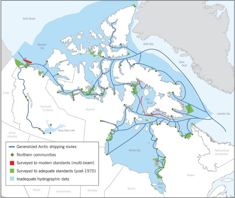 Canadian Arctic shipping routes and their survey standards (Source: Office of the Auditor General of Canada, adapted from Fisheries and Oceans Canada)