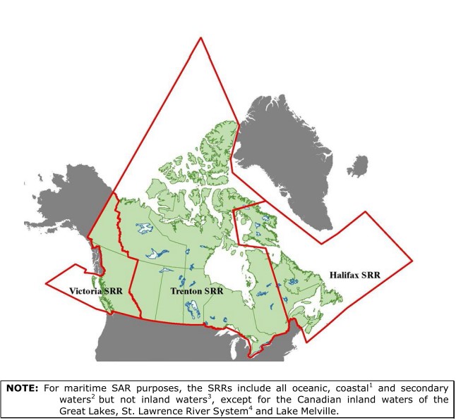 Canada’s SAR area of responsibility and its 3 SRRs (Source: Canadian Aeronautical and Maritime Search and Rescue Manual (CAMSAR) Combined Edition – Volumes I, II and III, Supplement to the IAMSAR Manual. Issued on the Authority of the Chief of the Defence Staff and the Commissioner of the Canadian Coast Guard)