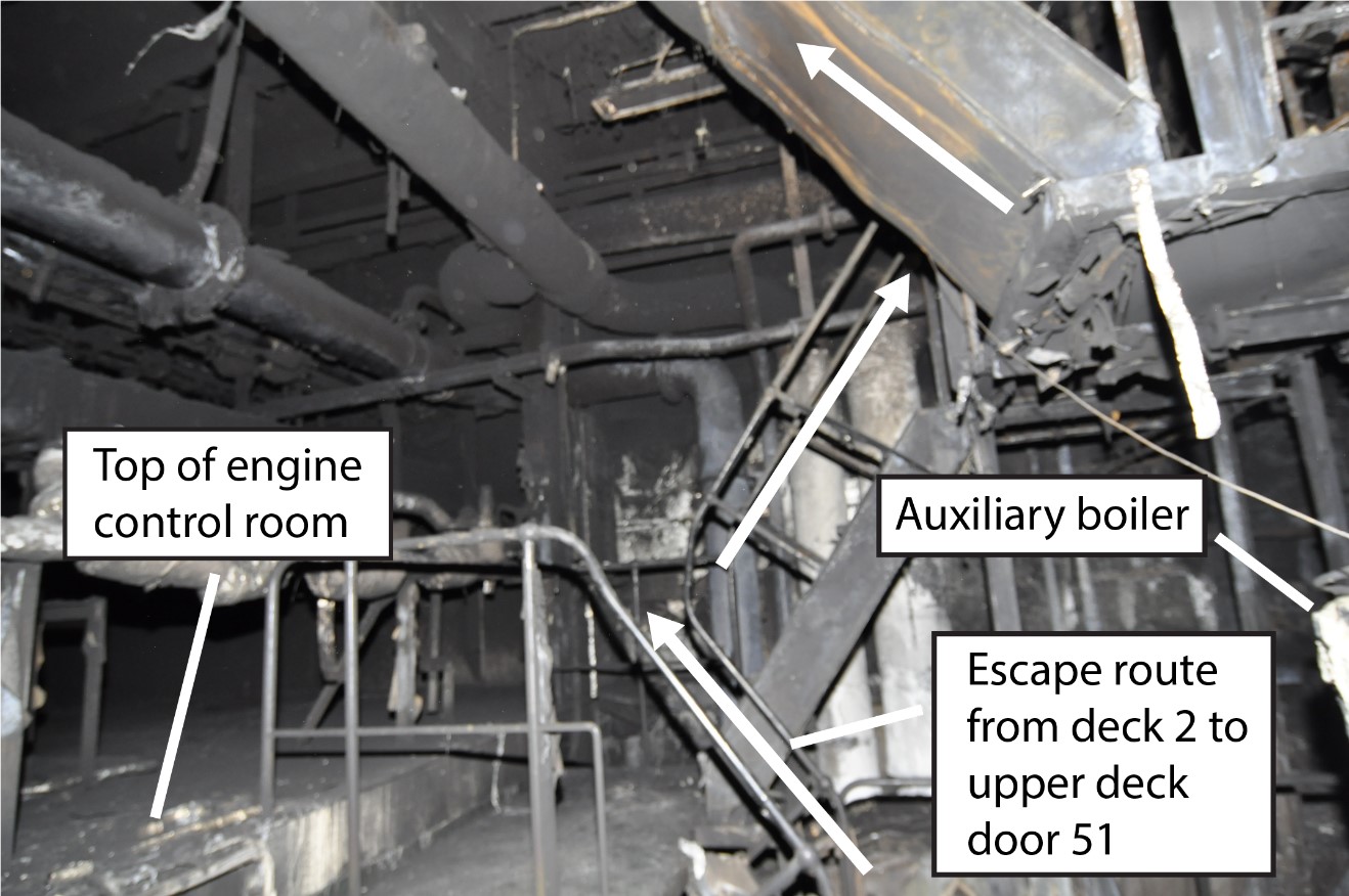 Route used by the crew to exit the engine room, showing the stairs from deck 2 to door 51 on the upper deck (Source: United States Coast Guard, with TSB annotations)