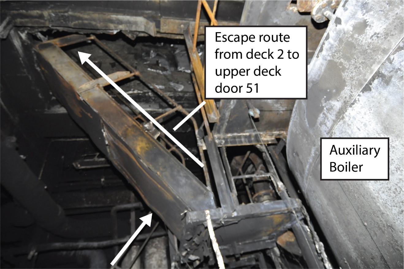 Close-up view of the stairs leading from the platform to door 51 (Source: United States Coast Guard, with TSB annotations)