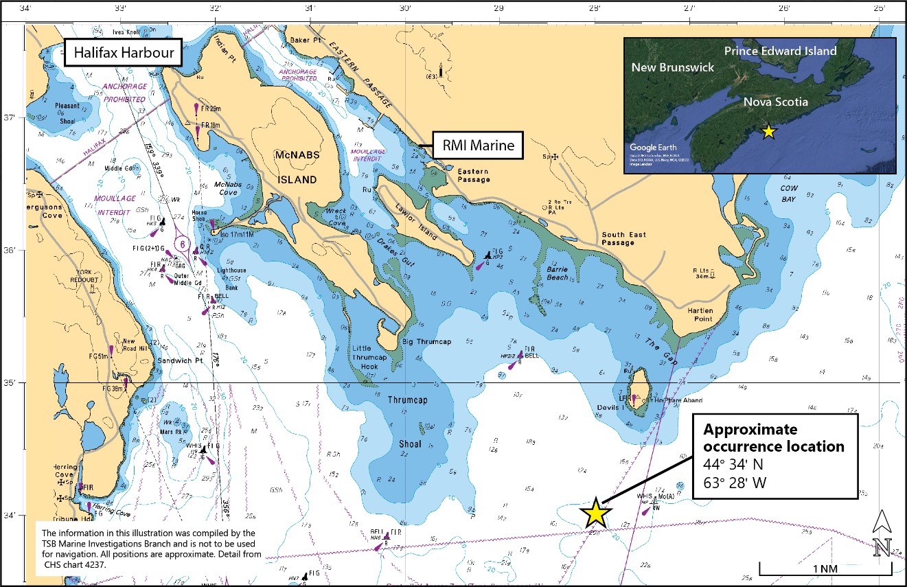 Area of the occurrence (Source: Canadian Hydrographic Service Chart No. 4237, with TSB annotations)