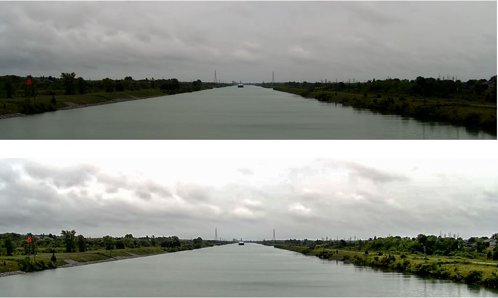 The top image shows the Florence Spirit at 0.8 nautical miles from the Alanis in flat light conditions. The bottom image shows the same view modified by the TSB to demonstrate higher contrast conditions. (Source of both images: ALANIS / Rambow Bereederungs GmbH & Co. KG, with TSB modifications).