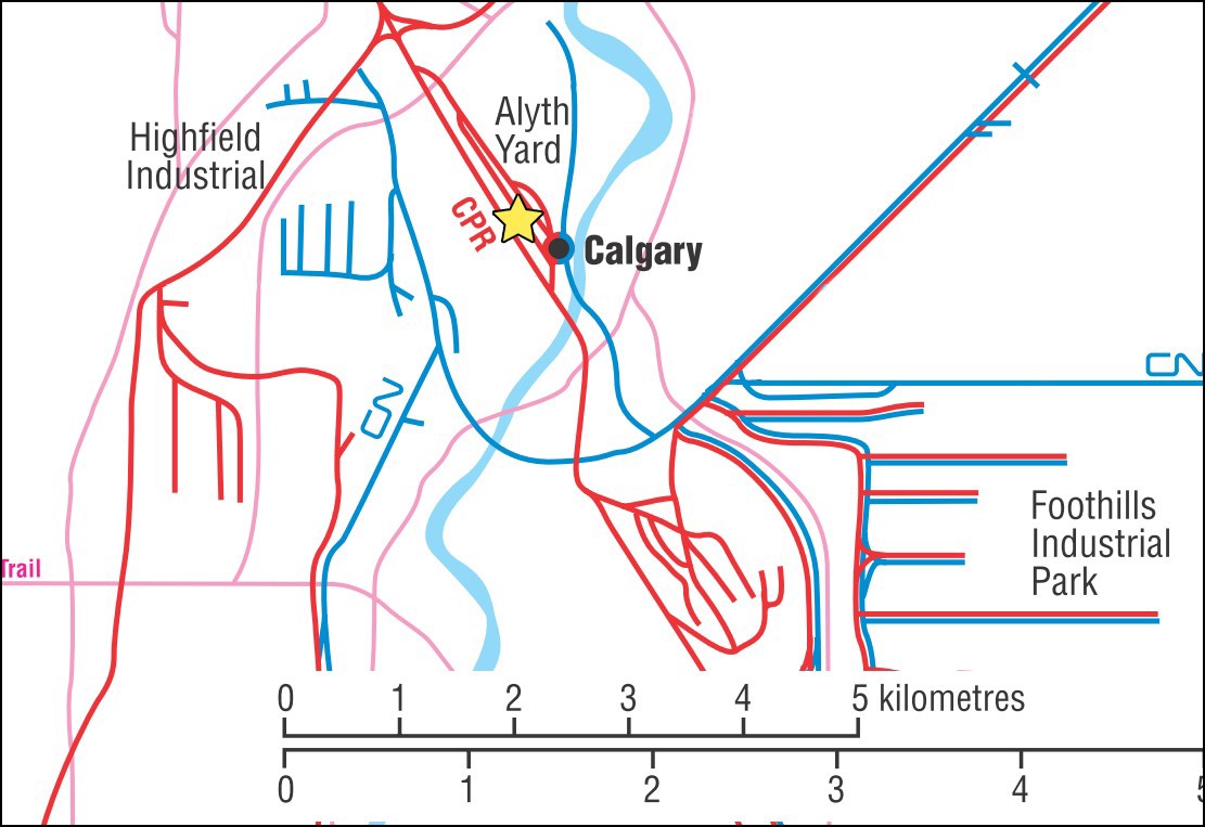 Map showing the location of Alyth Yard (Source: Railway Association of Canada, Canadian Railway Atlas, with TSB annotations)
