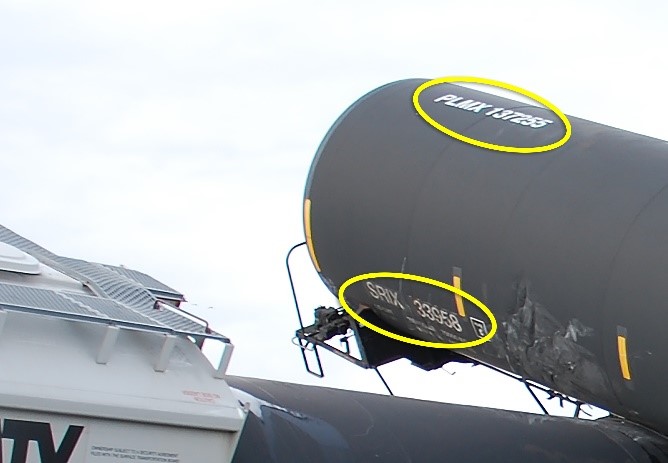 Reporting marks on tank car SRIX 33958 (circled) (Source: Canadian Pacific Railway, with TSB annotations)