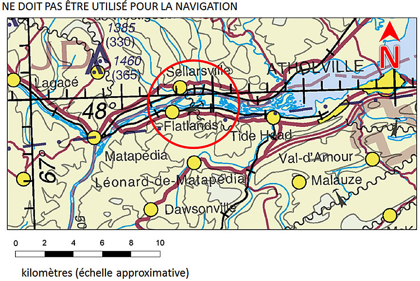 Vue agrandie de la VNC de Chicoutimi (AIR 5010) indiquant la zone de l'événement à l'étude (Source : NAV CANADA, avec annotations du BST)