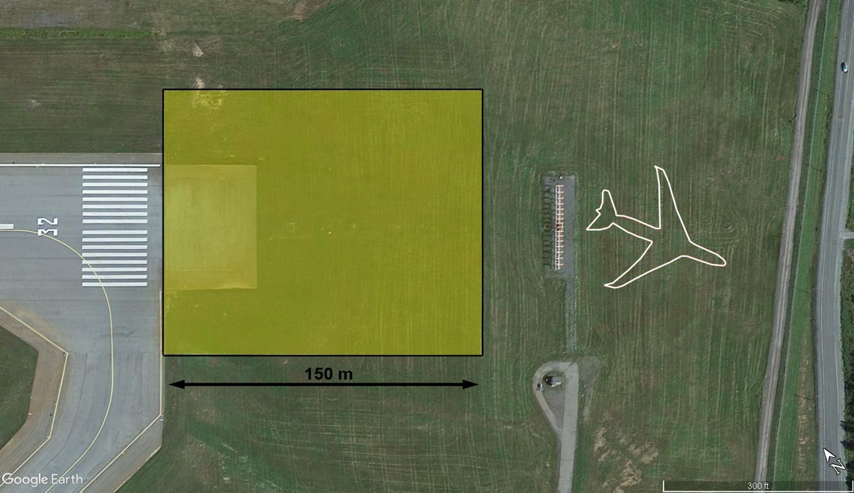 Représentation de l’exigence actuelle de Transports Canada en matière d’aire de sécurité d’extrémité de piste, par rapport à la piste de l’événement à l’étude, et de l’emplacement de l’aéronef à l’étude après la sortie en bout de piste (Source : Google Earth, avec annotations du BST)