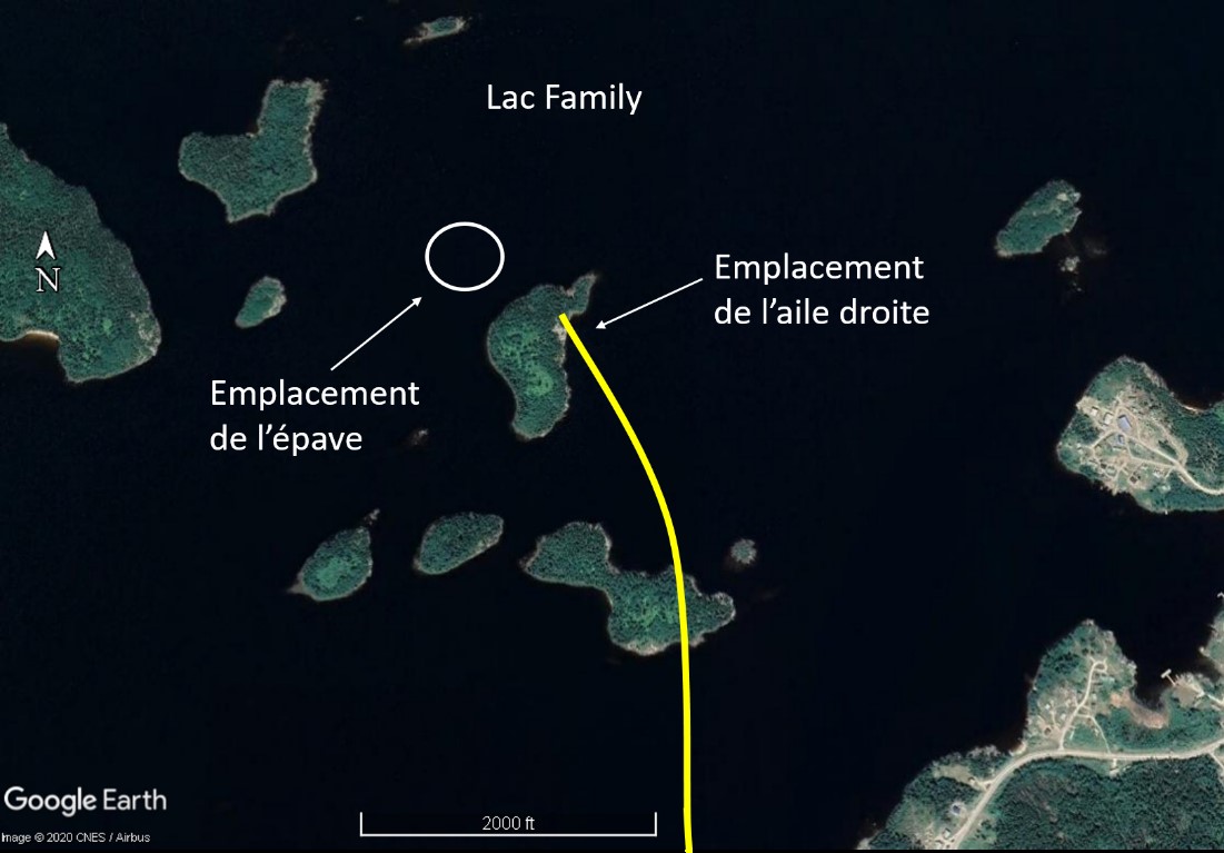 Site de l’épave et trajectoire de vol finale (Source : Google Earth, avec annotations du BST)