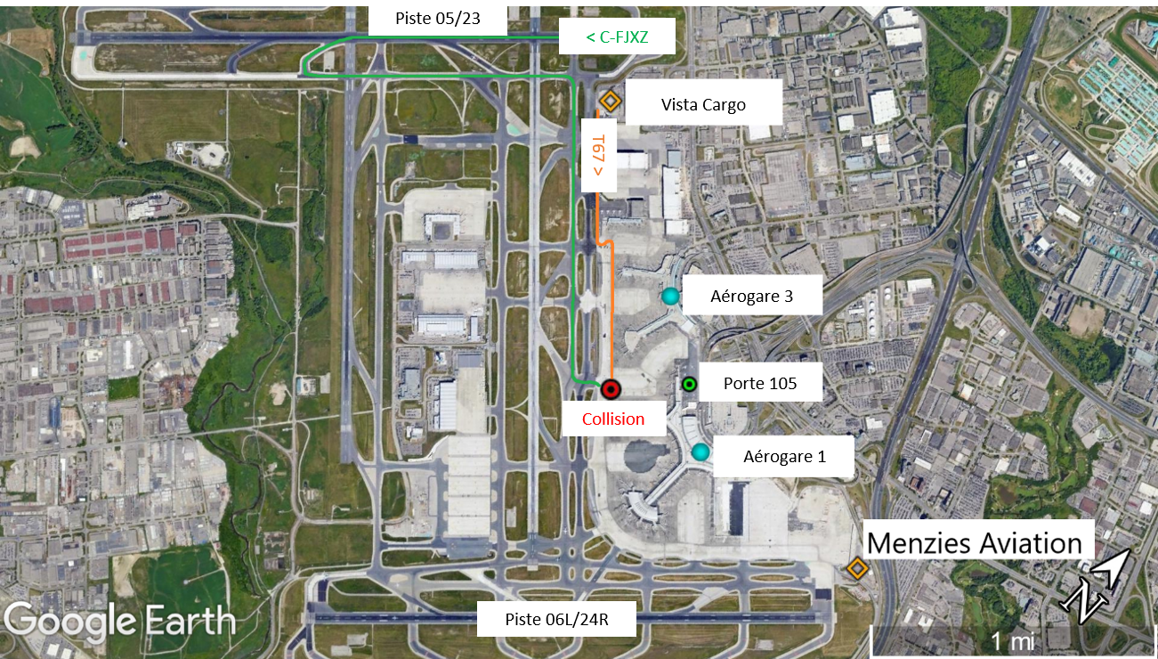 Vue d’ensemble de l’aéroport montrant la route de circulation au sol de l’aéronef à l’étude (C-FJXZ, ligne verte) et la route du camion citerne (T67, ligne orange) (Source : Google Earth, avec annotations du BST)