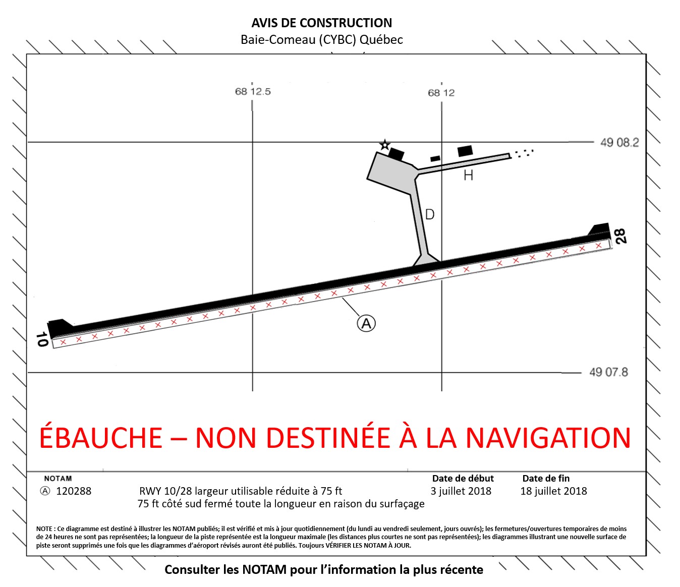 Exemple de représentation graphique du NOTAM de l’aéroport de Baie-Comeau créée en suivant le modèle d’avis de construction des États-Unis publié par la Federal Aviation Administration (Source : BST)
