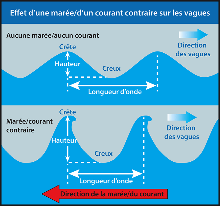 Figure 4. Effet de marées contraires sur les vagues (Source : Environnement et Changement climatique Canada,  <em>Guide de météo marine national</em>, chapitre 3) 
