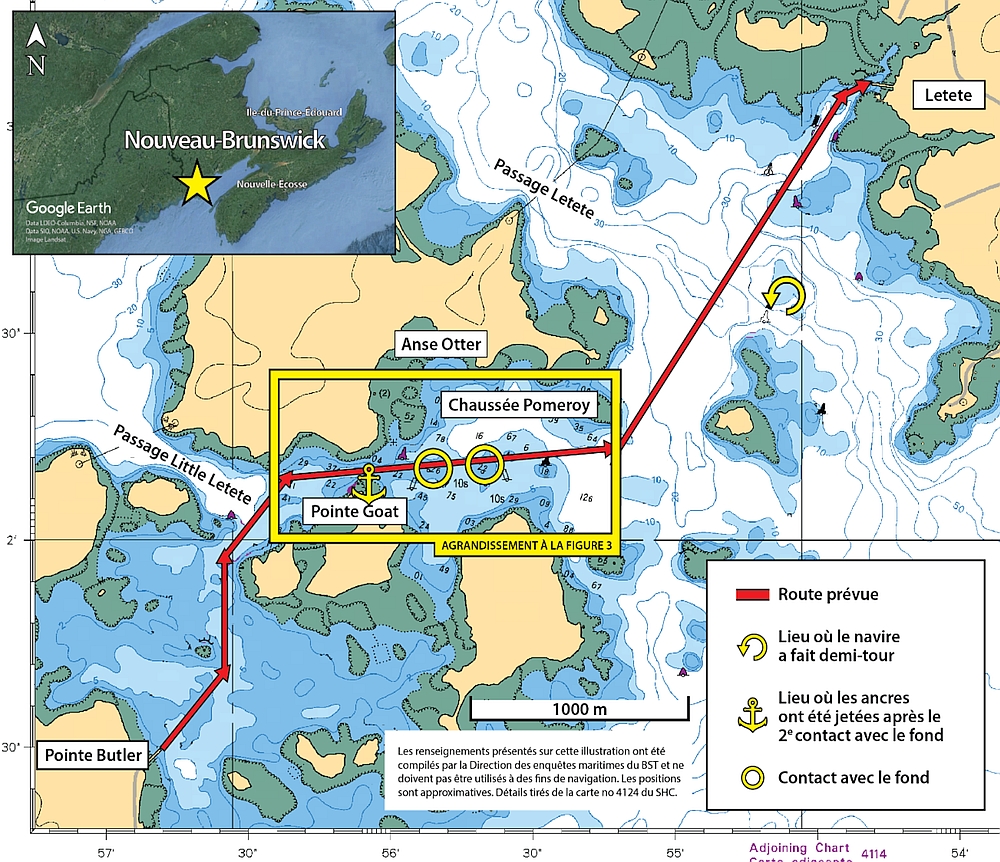 Carte hydrographique présentant la route prévue du <em>Deer Island Princess II</em> et l’emplacement des contacts avec le fond. L’image insérée présente l’emplacement général de l’événement. La quatrième étape du voyage (encadrée) est agrandie à la figure 3. (Source de l’image principale : Service hydrographique du Canada, carte 4124 : Letete Passage, Letang Harbour and/et Blacks Harbour, avec annotations du BST; source de l’image insérée : Google Earth, avec annotations du BST)