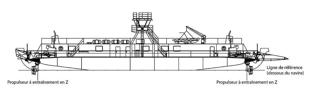 Disposition générale du <em>Deer Island Princess II</em>; vue latérale (Source : Coastal Transport Limited, avec annotations du BST)