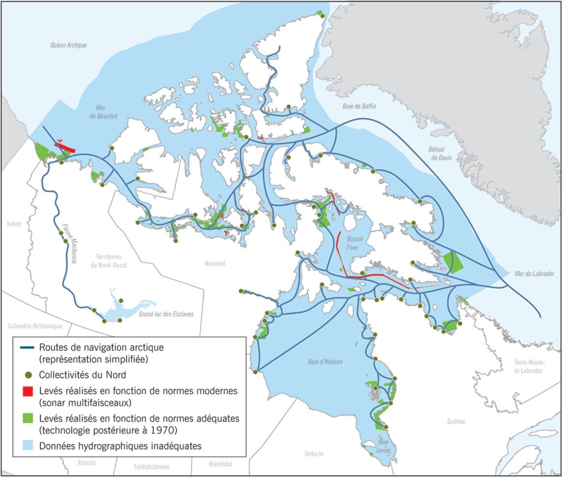 Routes de navigation dans l’Arctique canadien et normes de sondage connexes (Source : Bureau du vérificateur général du Canada, adapté de Pêches et Océans Canada)