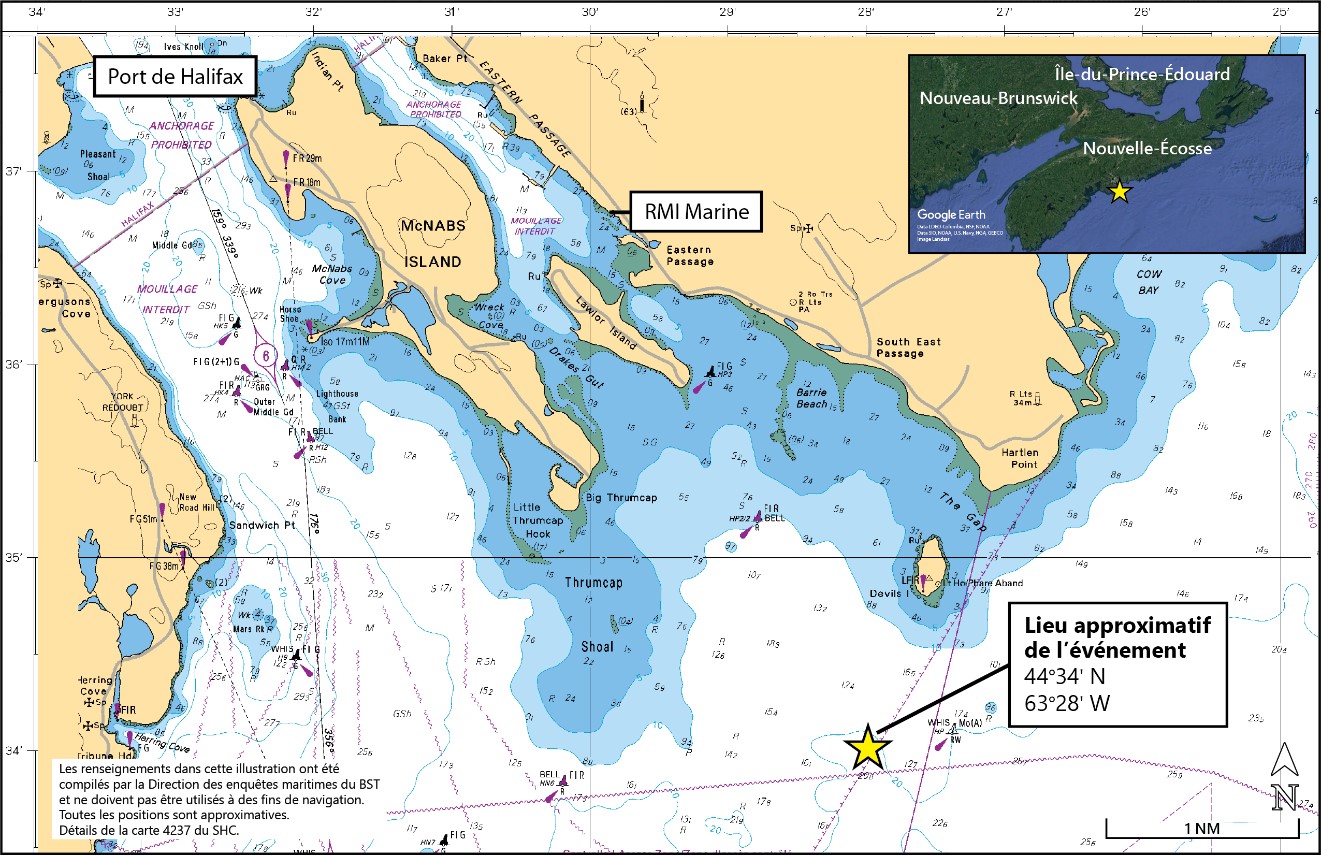 Secteur de l’événement (Source : carte no 4237 du Service hydrographique du Canada, avec annotations du BST)