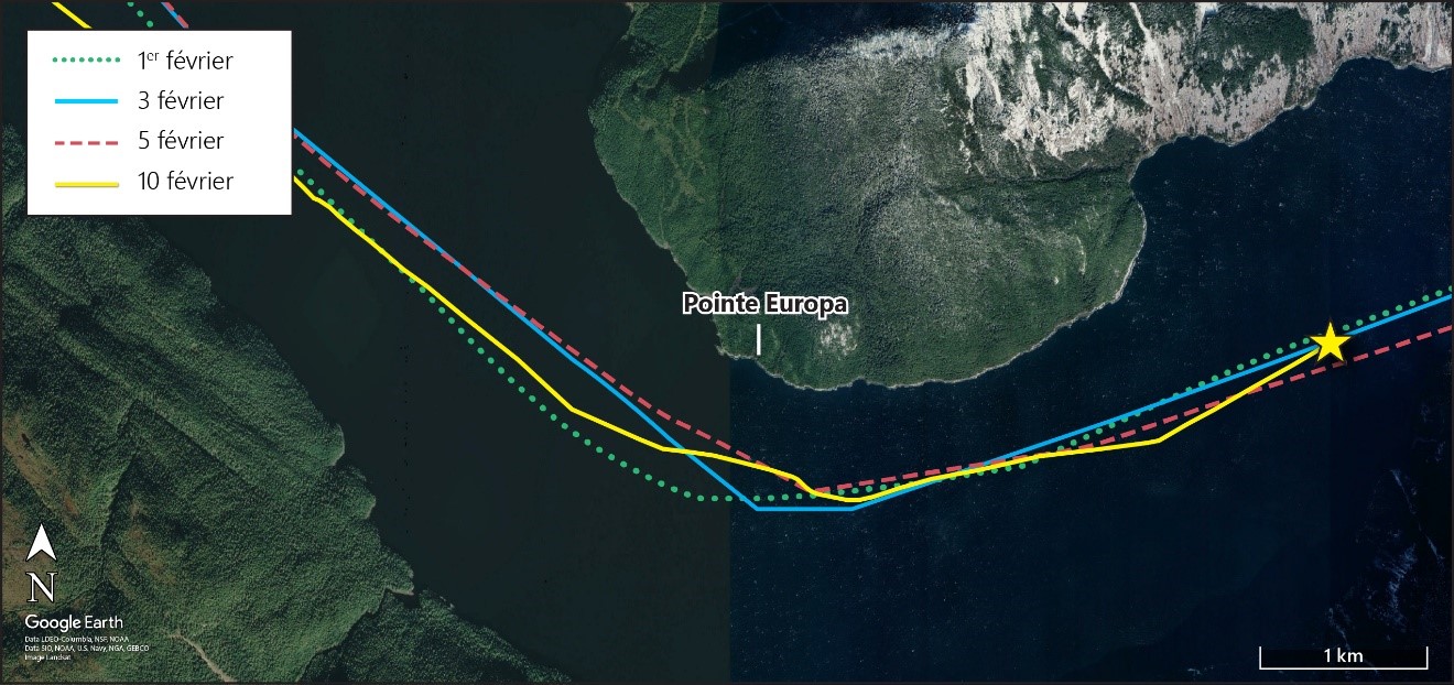 Comparaison de la route suivie lors du voyage à l’étude avec les routes suivies lors des voyages antérieurs (Source : Google Earth, avec annotations du BST)