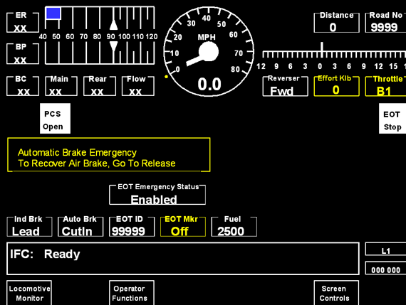 Illustration typique de l'écran de l'IFD de la locomotive AC 4400 immédiatement avant le desserrage des freins d'urgence. Remarquez que le voyant «PCS Open» est allumé 
