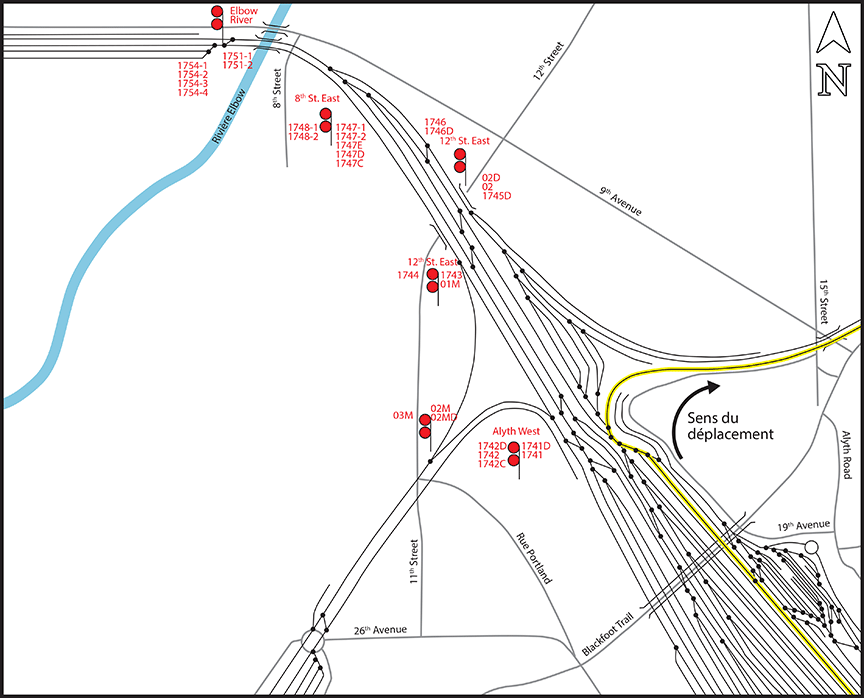 Figure 2. Trajet (surligné en jaune) du train par la voie N14 et la branche est du triangle de virage nord (Source : Chemin de fer Canadien Pacifique, avec annotations du BST) 