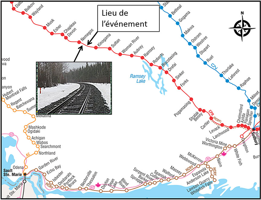Figure 1. Carte du lieu de l'événement (Source : Association des chemins de fer du Canada,  <em>Atlas des chemins de fer canadiens</em>, avec annotations du BST) 
