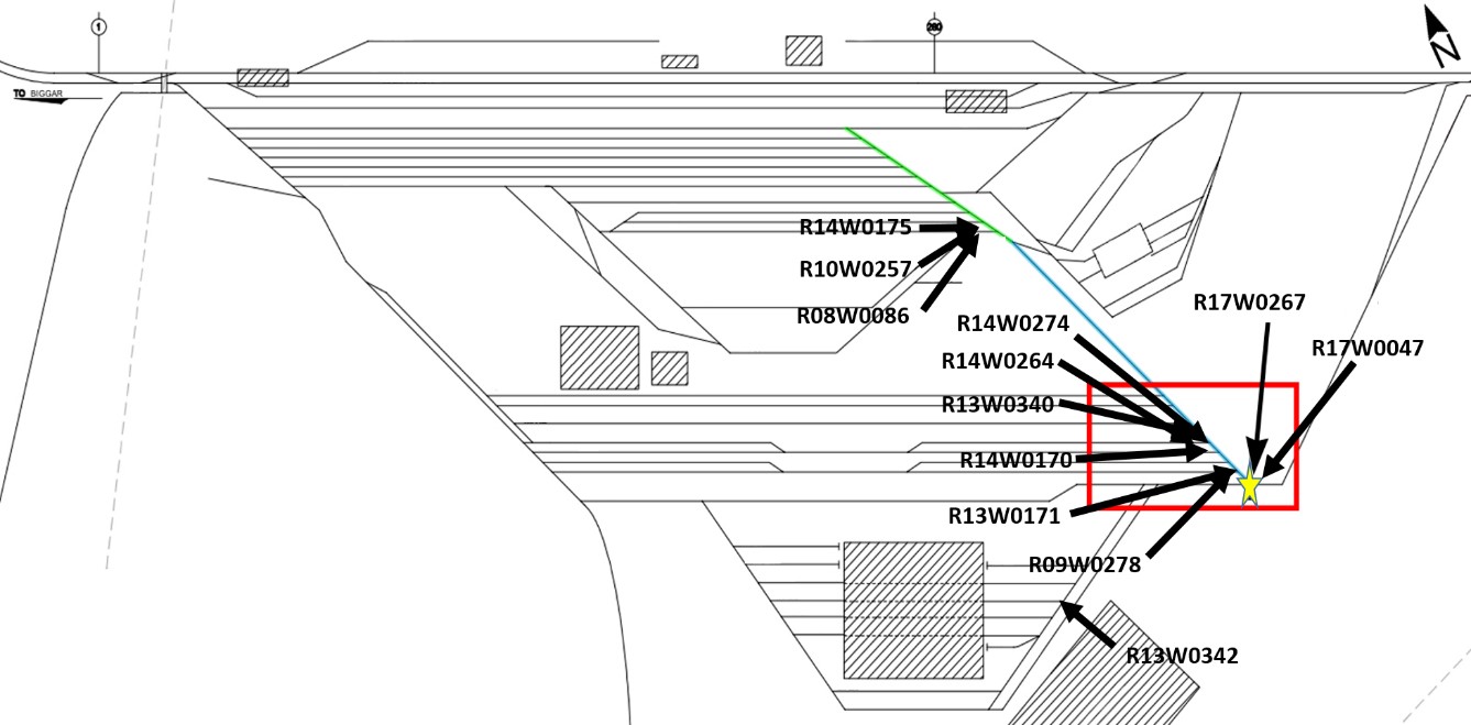 Carte de la gare de triage Melville montrant où se sont produits les mouvements non contrôlés antérieurs (Source : Chemin de fer Canadien Pacifique, avec annotations du BST)
