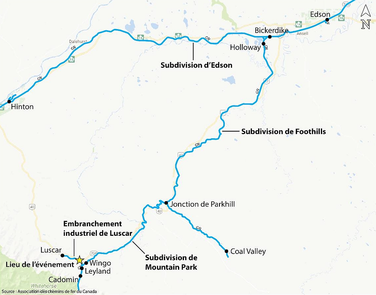 Carte de la région montrant le lieu de l’événement (Source : Association des chemins de fer du Canada, <em>Atlas du rail canadien</em>, avec annotations du BST)