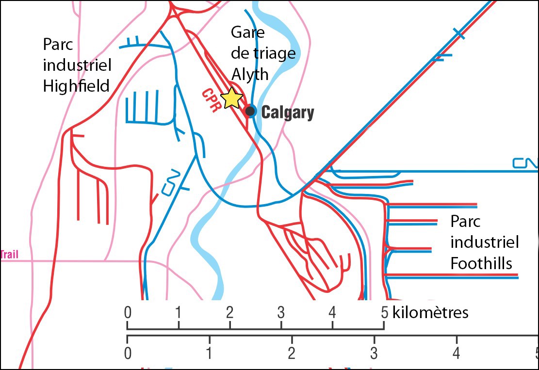 Carte montrant l’emplacement de la gare de triage Alyth à Calgary (Alberta) (Source : Association des chemins de fer du Canada, Atlas du rail canadien, avec annotations du BST)