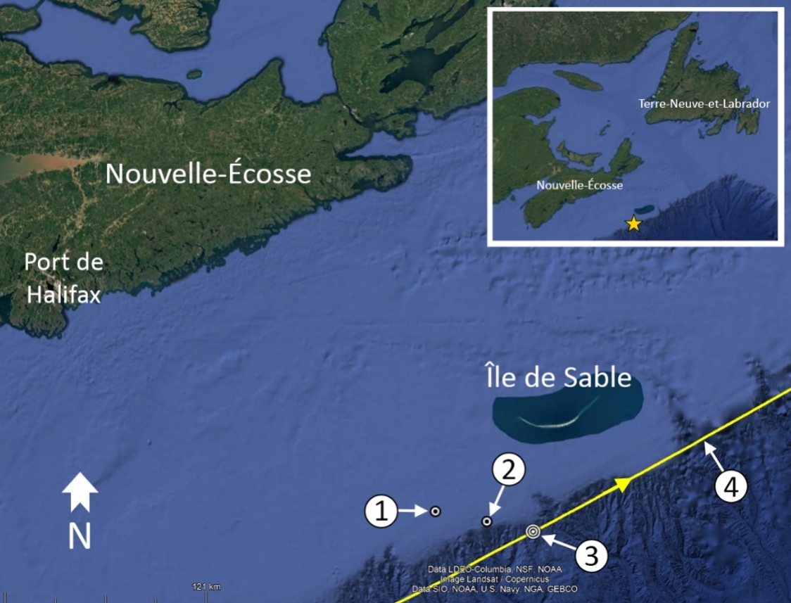 Figure 1. Emplacement du dernier signal de l’AIS du Theros (1), dernière position connue du Theros (2), lieu de collision possible avec le pétrolier (3) et trajectoire du pétrolier selon l’AIS (4), avec image en médaillon montrant une vue plus large de la zone (Source : Google Earth, avec annotations du BST) Figure 1. Emplacement du dernier signal de l’AIS du Theros (1), dernière position connue du Theros (2), lieu de collision possible avec le pétrolier (3) et trajectoire du pétrolier selon l’AIS (4), avec image en médaillon montrant une vue plus large de la zone (Source : Google Earth, avec annotations du BST)