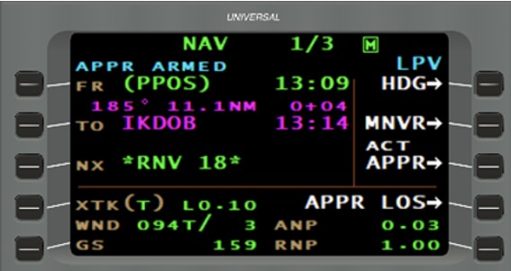 Figure 9. Page principale de navigation en route pour IKDOB avant la programmation du circuit d’attente (Source : Universal Avionics, FMS Trainer v4.1.0.600) Figure 9. Page principale de navigation en route pour IKDOB avant la programmation du circuit d’attente (Source : Universal Avionics, FMS Trainer v4.1.0.600)