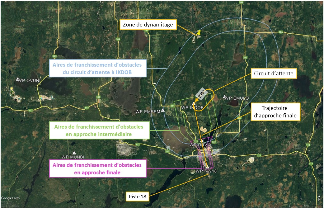 Figure 15. Carte du lieu de l’événement montrant le circuit d’attente à IKDOB sur l’approche RNAV (GNSS) PISTE 18 à l’aéroport de Val-d’Or (Source : Google Earth, avec annotations du BST, notamment selon l’information sur les aires de franchissement d’obstacles fournie par NAV CANADA) Figure 15. Carte du lieu de l’événement montrant le circuit d’attente à IKDOB sur l’approche RNAV (GNSS) PISTE 18 à l’aéroport de Val-d’Or (Source : Google Earth, avec annotations du BST, notamment selon l’information sur les aires de franchissement d’obstacles fournie par NAV CANADA)