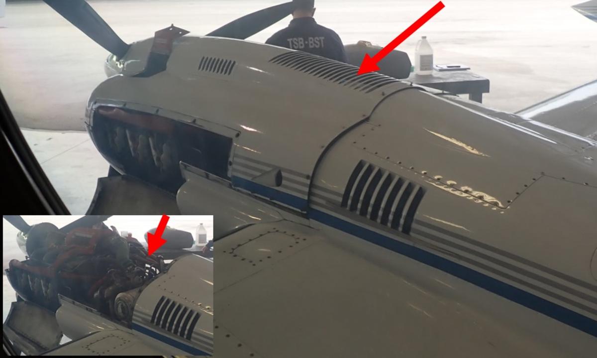 Figure 3. Emplacement approximatif de l’incendie en vol indiqué par des flèches, avec une image en médaillon montrant l’emplacement approximatif de l’incendie une fois le capot supérieur du moteur retiré. L’aéronef représenté est un Cessna 421B, qui possède le même moteur et la même nacelle que le Cessna 421C