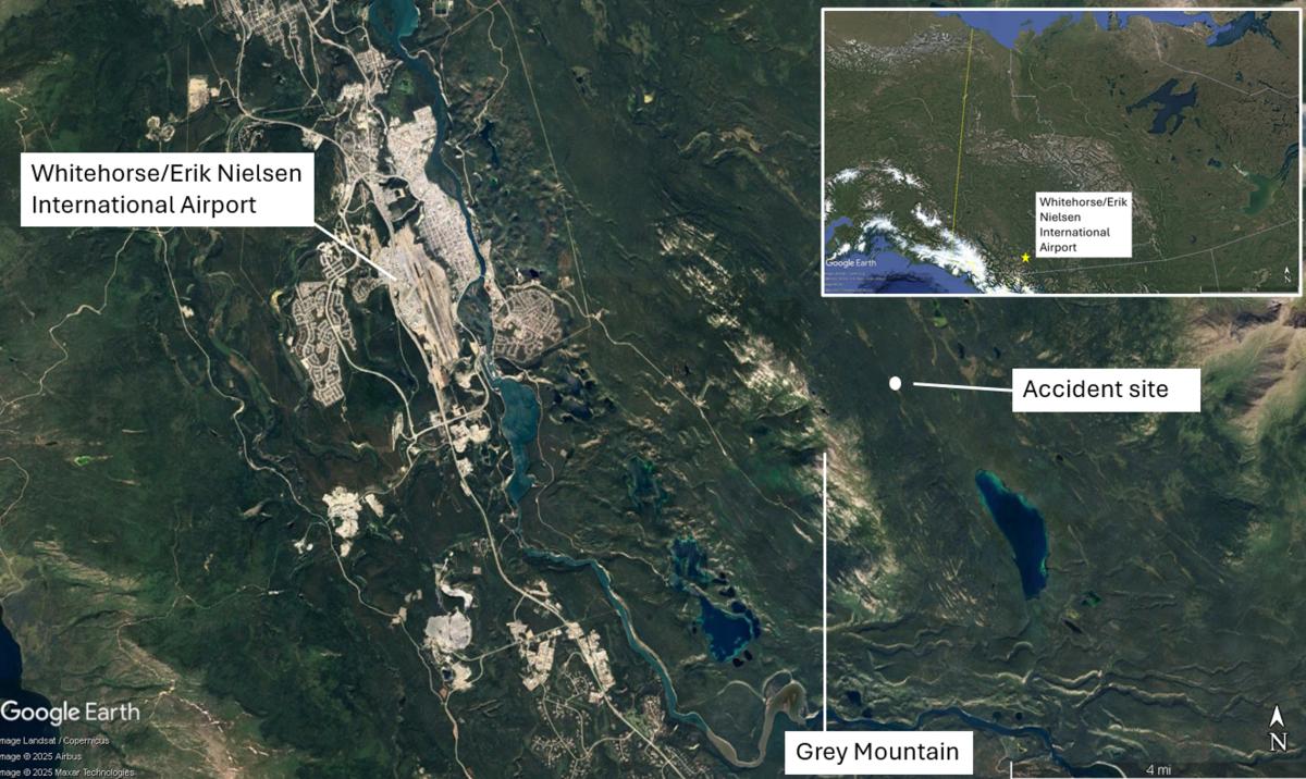 Figure 1. Map showing the location of Whitehorse/Erik Nielsen International Airport in relation to Grey Mountain, where the training flight took place, with wider area view in inset 
