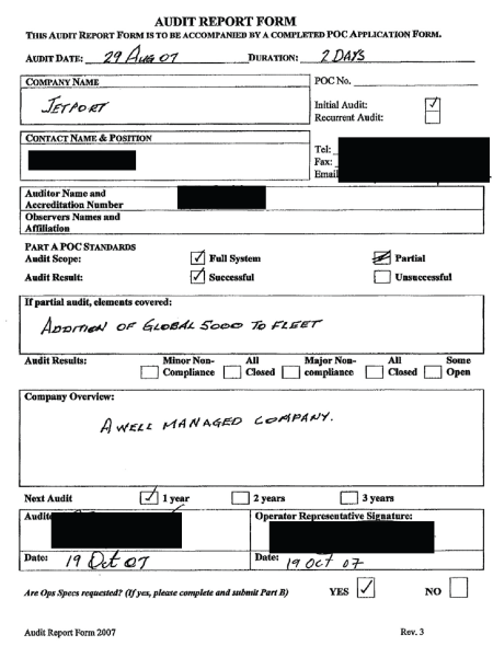 Cette figure est la première page du formulaire du rapport de vérification de l'Association canadienne de l'aviation d'affaires (révision 3, 2007). Elle donne la date de la vérification, la durée, le nom de la compagnie, le numéro du certificat d'exploitant privé, le nom et le poste de la personne-ressource, le nom du vérificateur et le numéro d'accréditation, les noms des observateurs et leur affiliation, la portée de la vérification, les résultats de la vérification et une vue d'ensemble de la compagnie